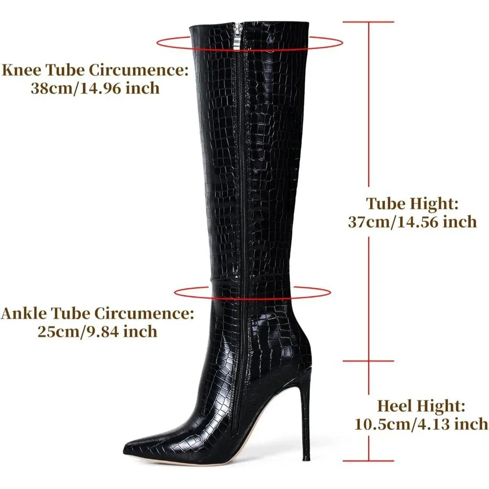 Women's Black Leather Suede Knee High Stiletto Tall Pointed Toe Stylish Boot